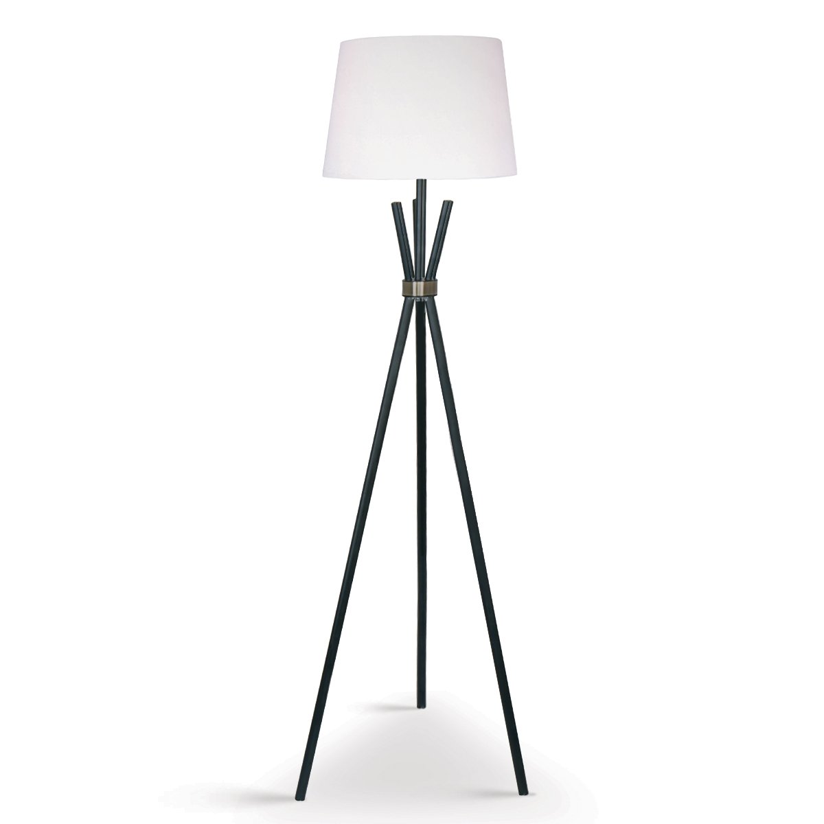 Tripod floor lamp with tapered white fabric shade, matte black rod legs and bronze hub collar on white background