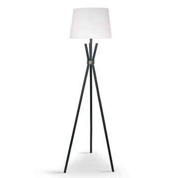 Tripod floor lamp with tapered white fabric shade, matte black rod legs and bronze hub collar on white background