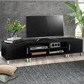 Black TV unit 160cm lifestyle in concrete room with TV on wall gaming gear two side doors bar handles and center shelves