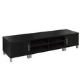Black TV unit 190cm angle view on white background two side doors center open shelves and four chrome legs