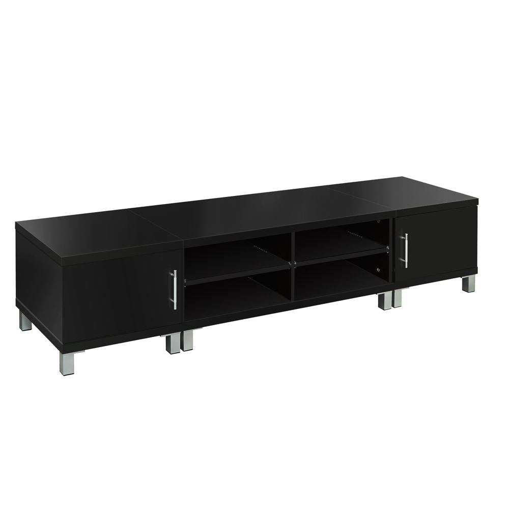 Black TV unit 190cm angle view on white background two side doors center open shelves and four chrome legs