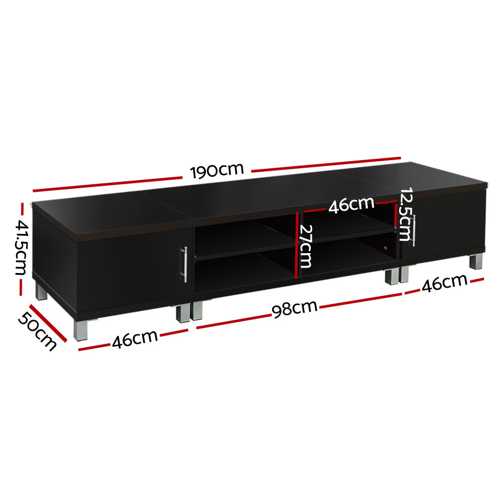 Black TV unit 190cm dimension diagram 190x50x41.5cm with internal cabinet and shelf measurements