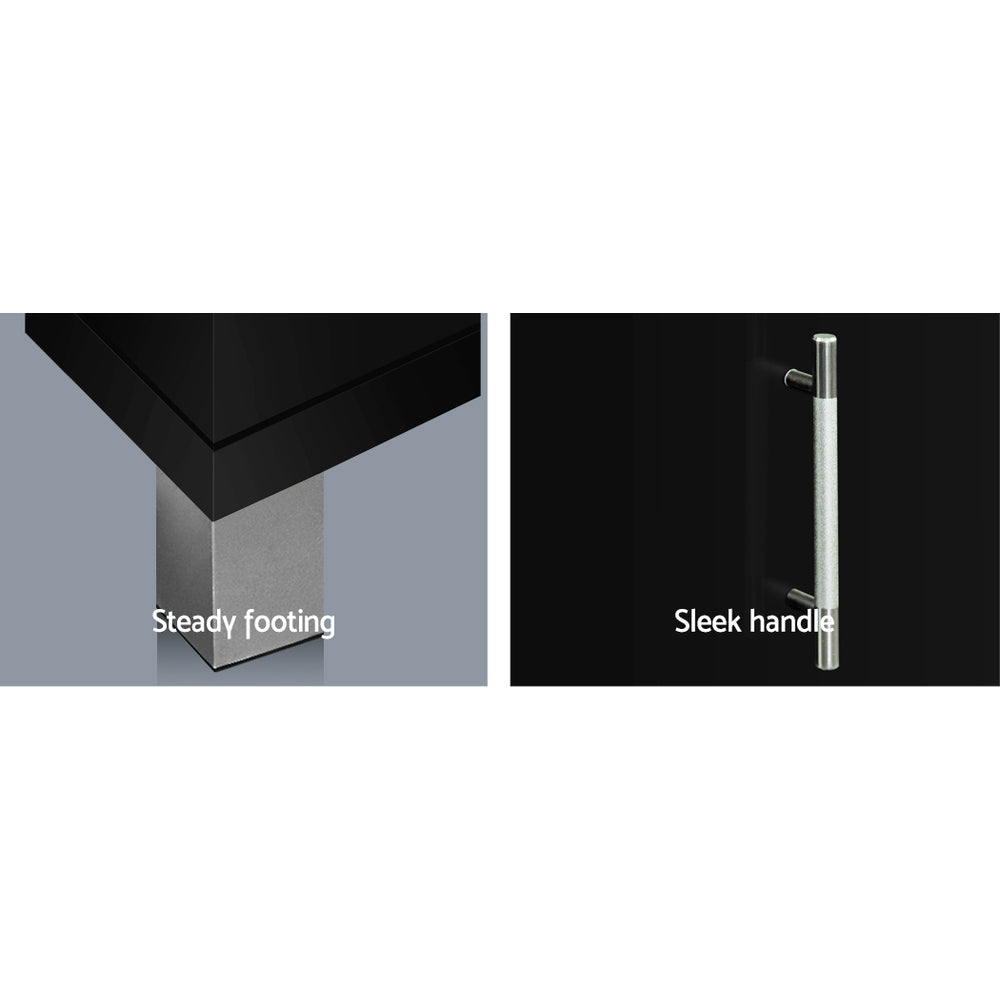 Black TV unit 190cm steady footing chrome square foot and sleek chrome bar handle close-up callouts