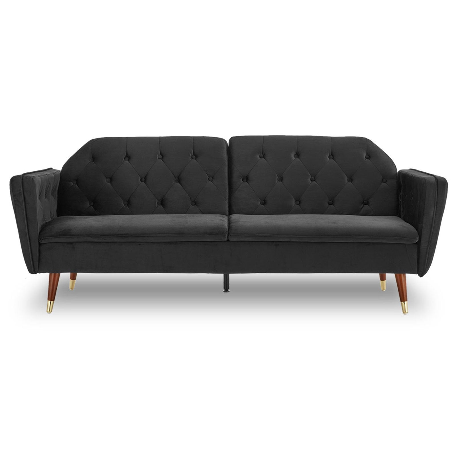 Black velvet tufted sofa bed with angled arms, button-tufted back and tapered walnut legs, front view