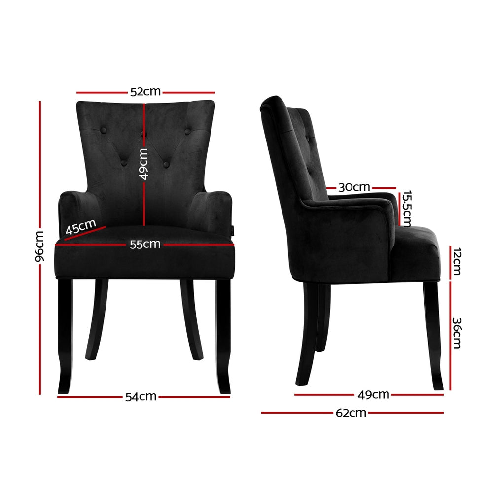 Black velvet wingback armchair dimension diagram front and side view: 96cm tall, 52cm wide, 55cm seat, 62cm deep
