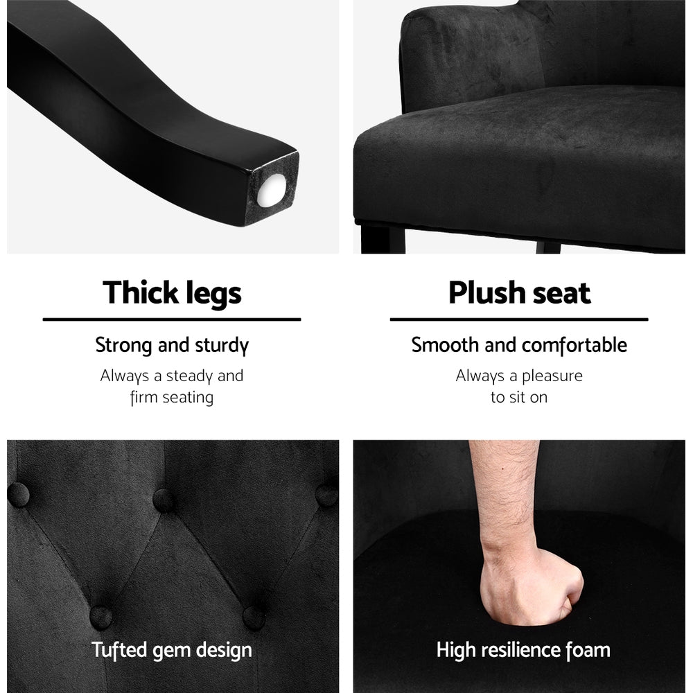 Black velvet wingback armchair feature panel: Thick legs, Plush seat, Tufted gem design, High resilience foam