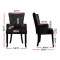 Black velvet wingback dining chair dimensions: 96cm tall, 52cm wide, 62cm deep, with armrest and leg measurement callouts