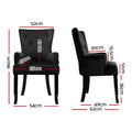 Black velvet wingback dining chair dimension diagram: front 52cm wide 96cm tall, side view 62cm deep with multiple callouts