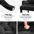 Black velvet dining chair four-panel: curved leg close-up, plush velvet seat, diamond button tufting, and foam density test