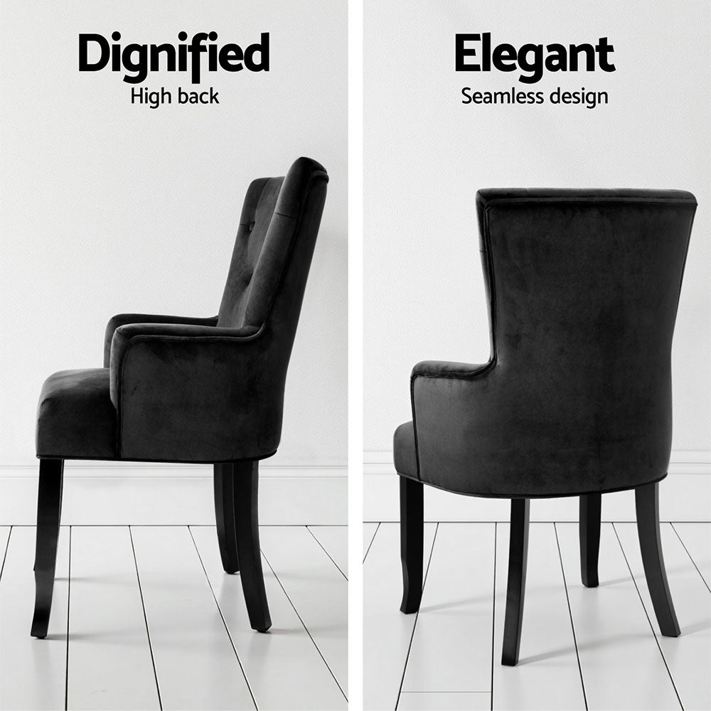 Black velvet wingback dining chair two-panel: side view showing high back profile, rear view showing seamless back