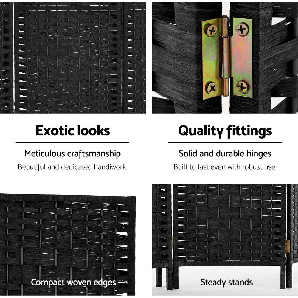 Black woven paper rope room divider feature close-ups black woven texture gold hinge compact woven edges and steady stands