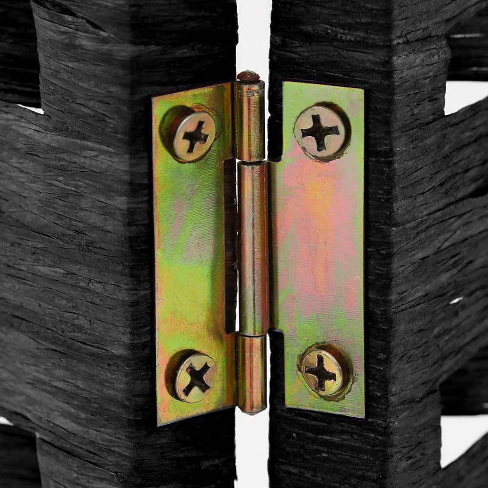 Black woven paper rope room divider gold two-way hinge close-up showing brass screws and pivot on black woven frame