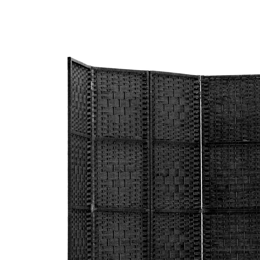 Black woven paper rope room divider top panel corner close-up showing woven rope texture and black wood frame detail