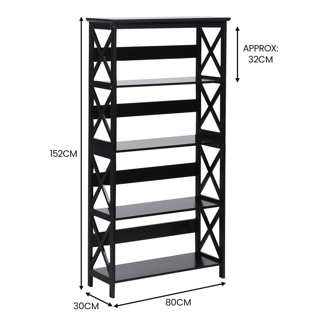 5-tier bookshelf with X-frame side panels in matte black, white background, slight angle view, all shelves empty
