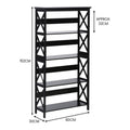 Black X-frame 5-tier bookshelf dimensions: 80cm wide, 30cm deep, 152cm tall, approx 32cm shelf spacing
