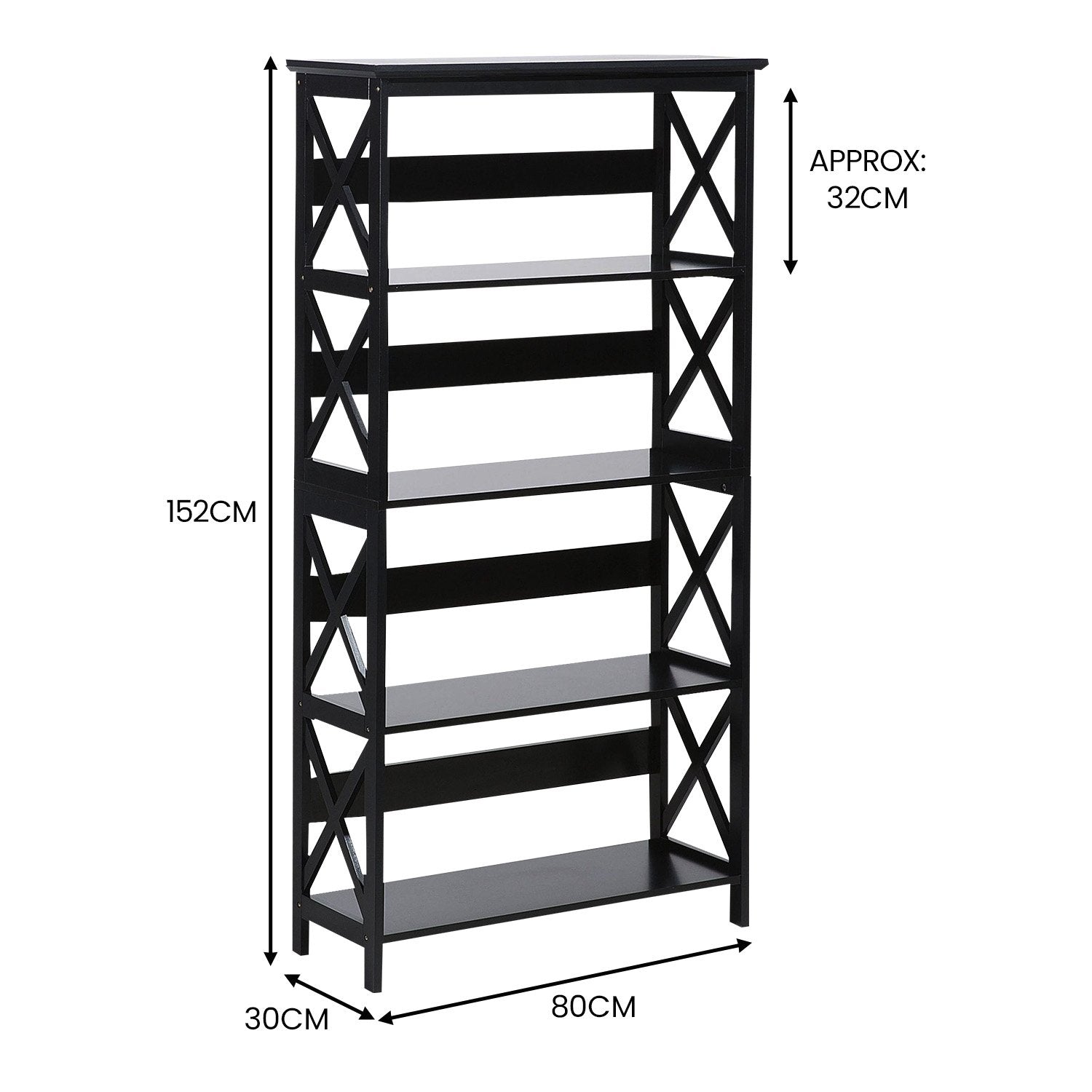 Black X-frame 5-tier bookshelf dimensions: 80cm wide, 30cm deep, 152cm tall, approx 32cm shelf spacing