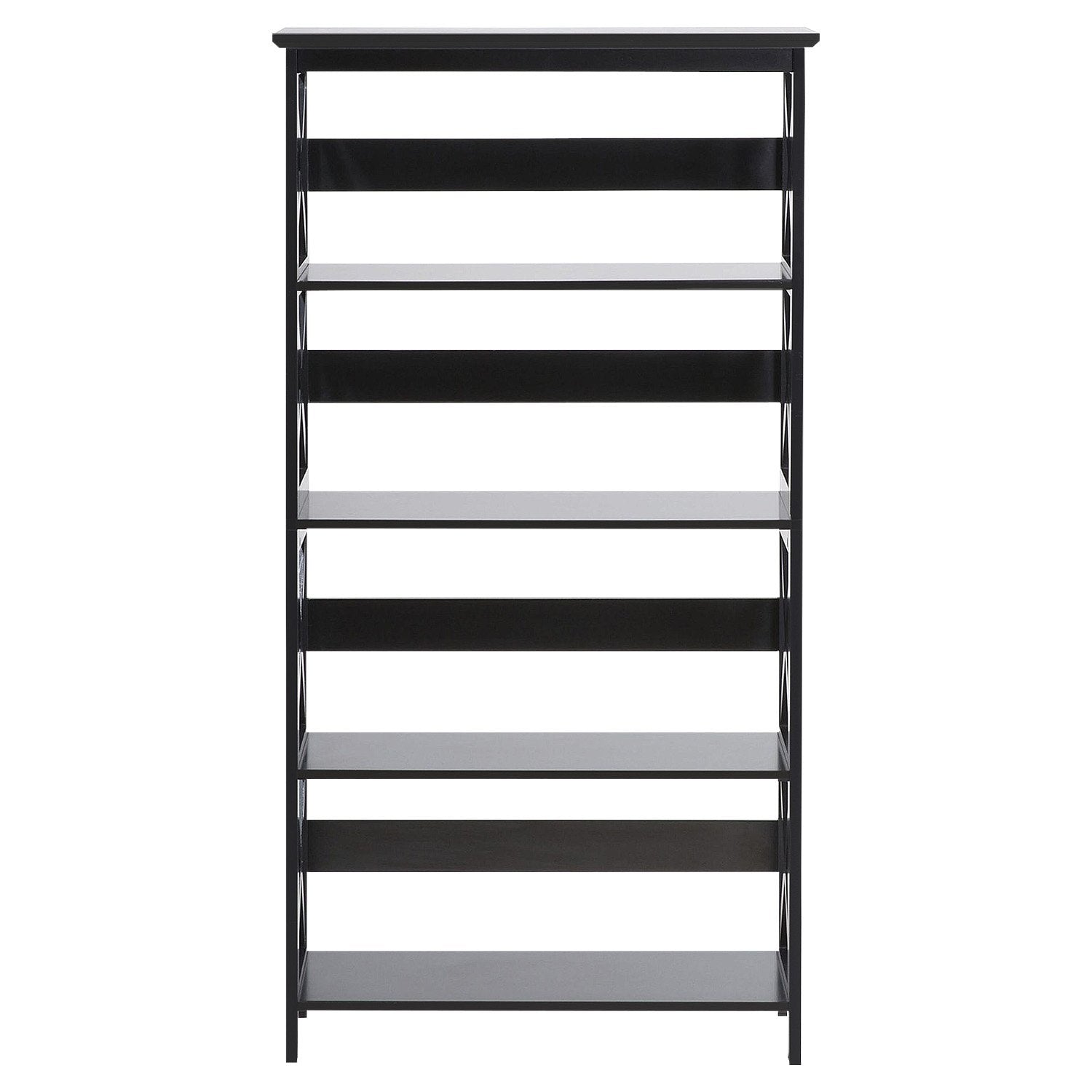 5-tier black X-frame bookshelf, straight front view on white background, X-side panels visible, all shelves empty