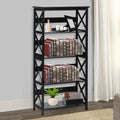 5-tier black X-frame bookshelf in living room styled with books, candles, vase and plant, grey wall and hardwood floor