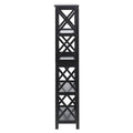 5-tier black bookshelf, side view on white background showing repeating X-pattern side panels across 5 shelf levels
