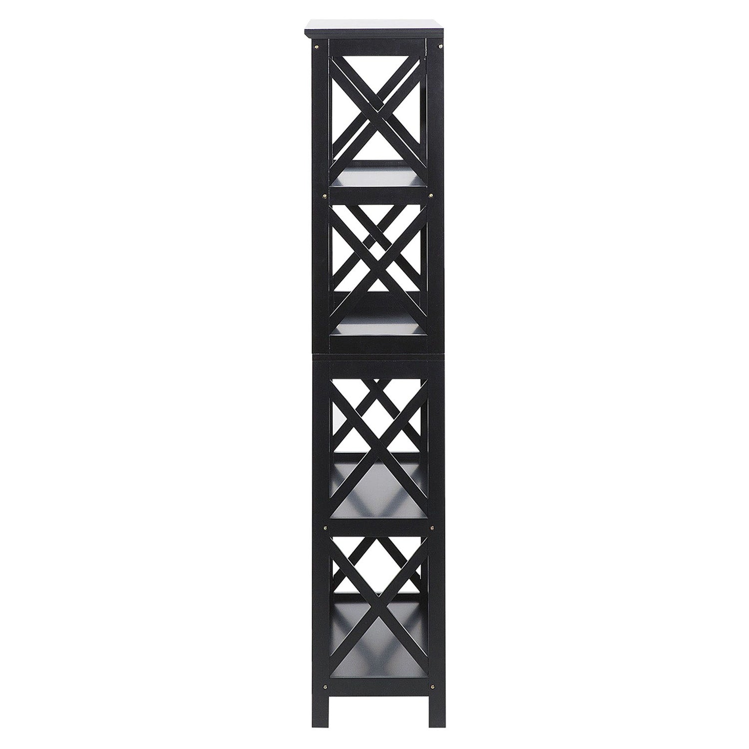5-tier black bookshelf, side view on white background showing repeating X-pattern side panels across 5 shelf levels