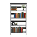 5-tier black X-frame bookshelf styled with colourful books, white lily flowers and black vase, front view on white background