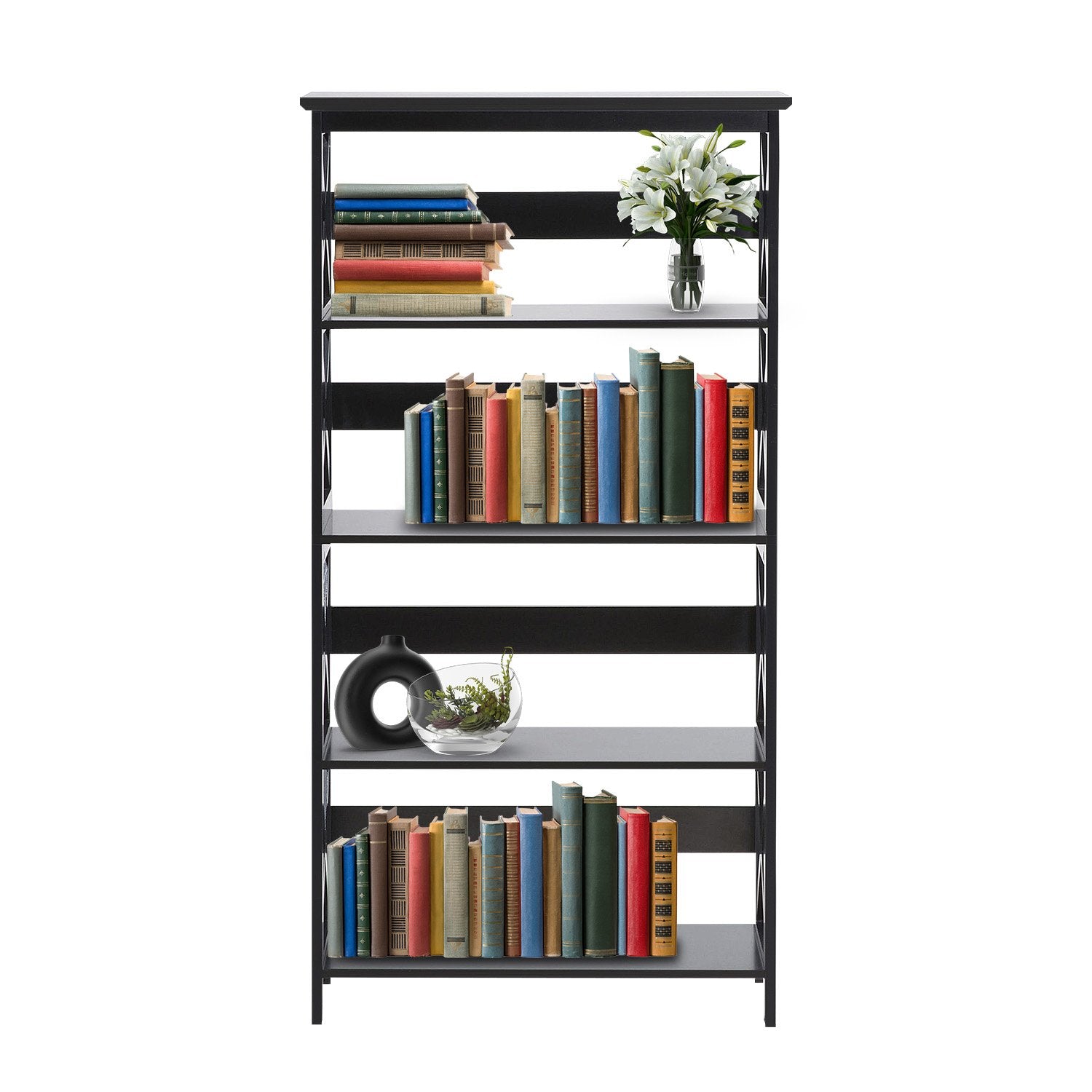 5-tier black X-frame bookshelf styled with colourful books, white lily flowers and black vase, front view on white background