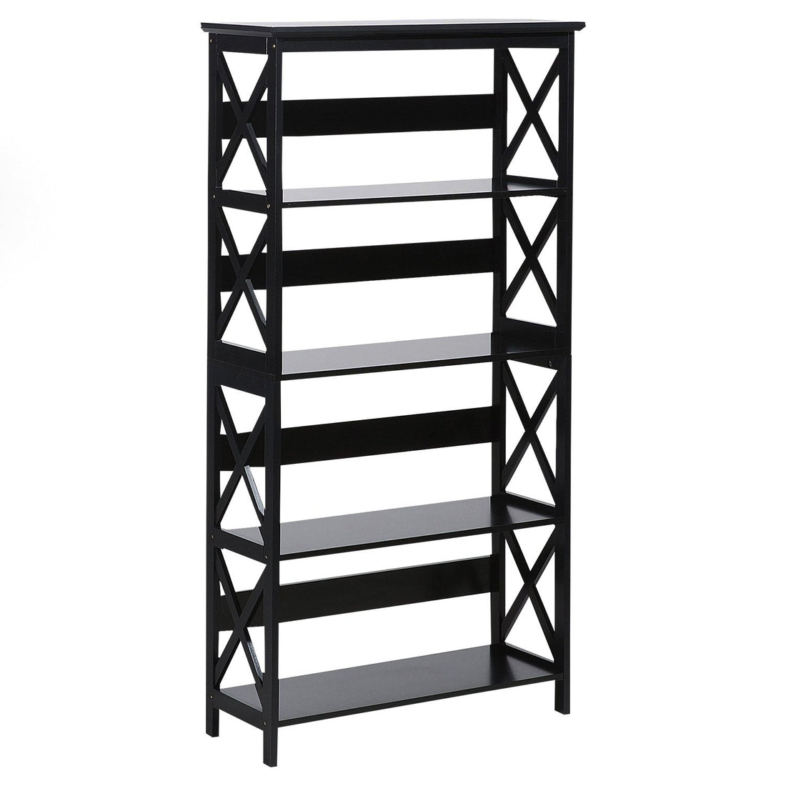 5-tier bookshelf with X-frame side panels in matte black, white background, slight angle view, all shelves empty