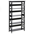 5-tier bookshelf with X-frame side panels in matte black, white background, slight angle view, all shelves empty