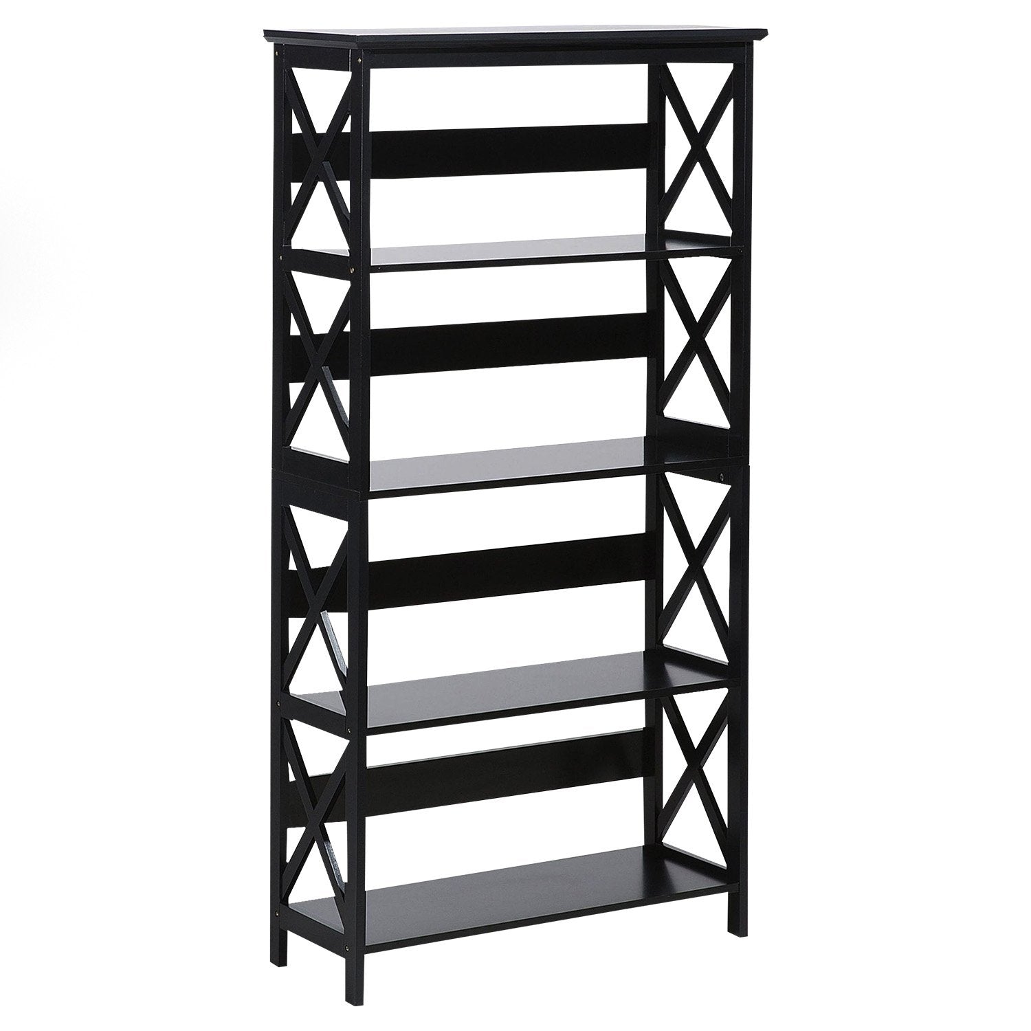 5-tier bookshelf with X-frame side panels in matte black, white background, slight angle view, all shelves empty