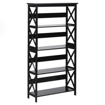 5-tier bookshelf with X-frame side panels in matte black, white background, slight angle view, all shelves empty