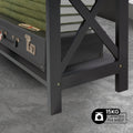 Close-up of black X-frame bookshelf base with vintage suitcase on bottom shelf and badge: 15KG capacity per shelf