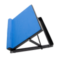 Blue adjustable calf stretching board with textured surface and black folding metal frame on white background