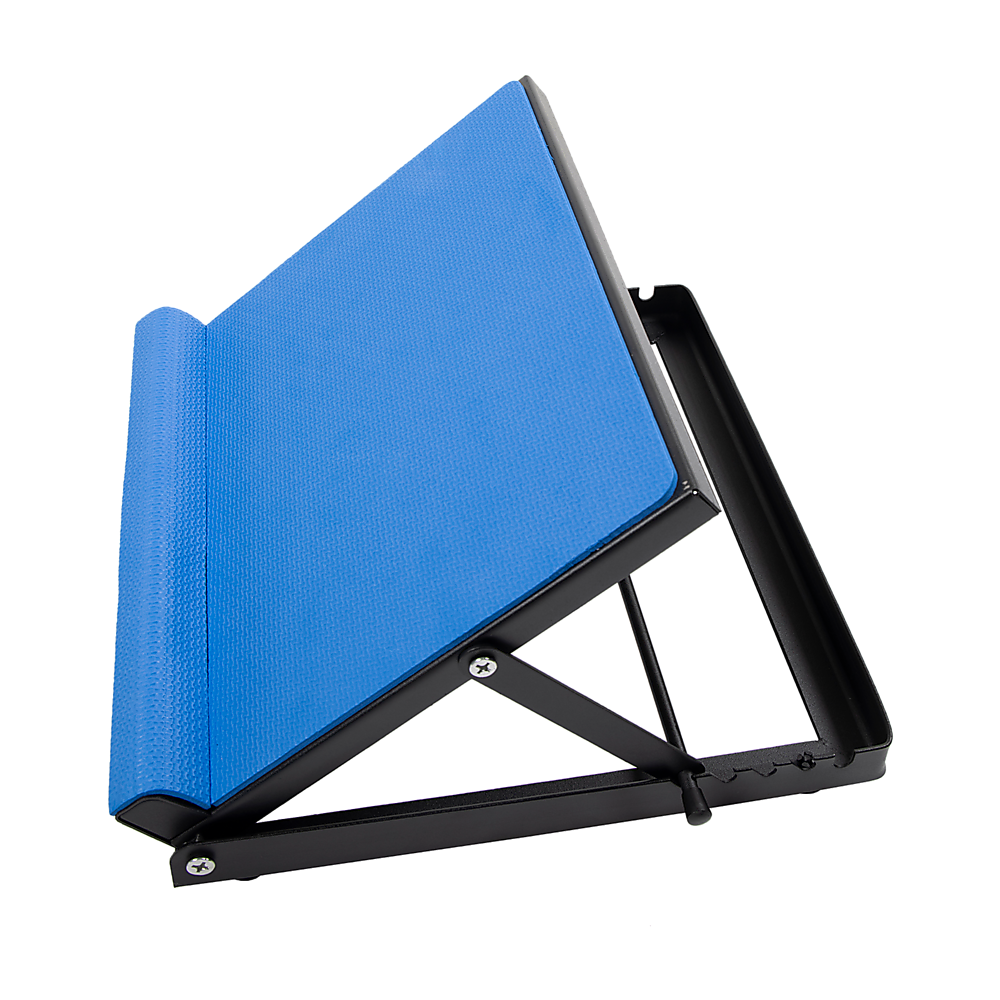 Blue adjustable calf stretching board with textured surface and black folding metal frame on white background