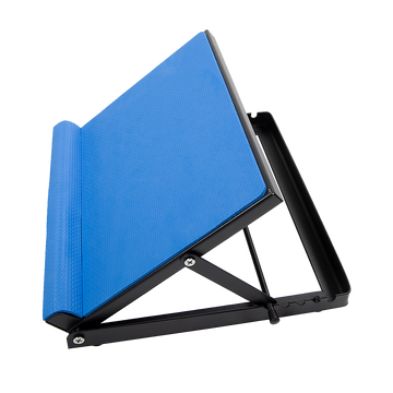 Blue adjustable calf stretching board with textured surface and black folding metal frame on white background