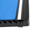 Close-up detail of blue calf stretching board showing black frame angle adjustment notches and locking pin