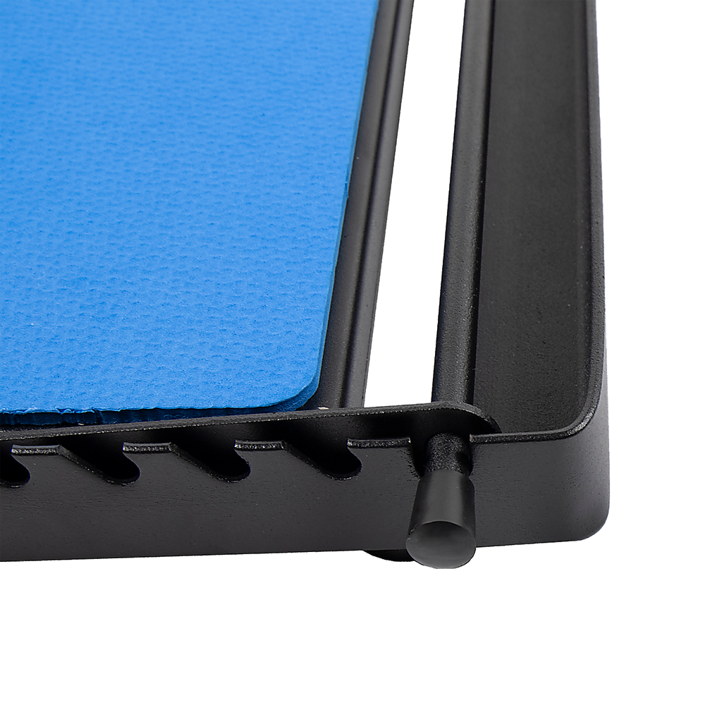 Close-up detail of blue calf stretching board showing black frame angle adjustment notches and locking pin