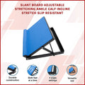 Blue adjustable slant board features infographic with callouts for durable construction, 4 angle settings and versatile use