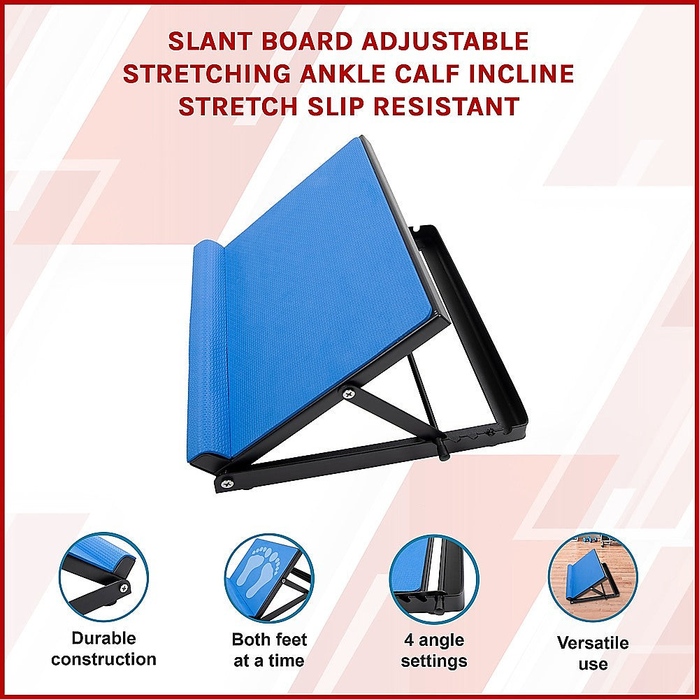 Blue adjustable slant board features infographic with callouts for durable construction, 4 angle settings and versatile use