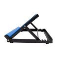 Blue adjustable calf stretching board side view showing black folding frame mechanism and angle adjustment notches