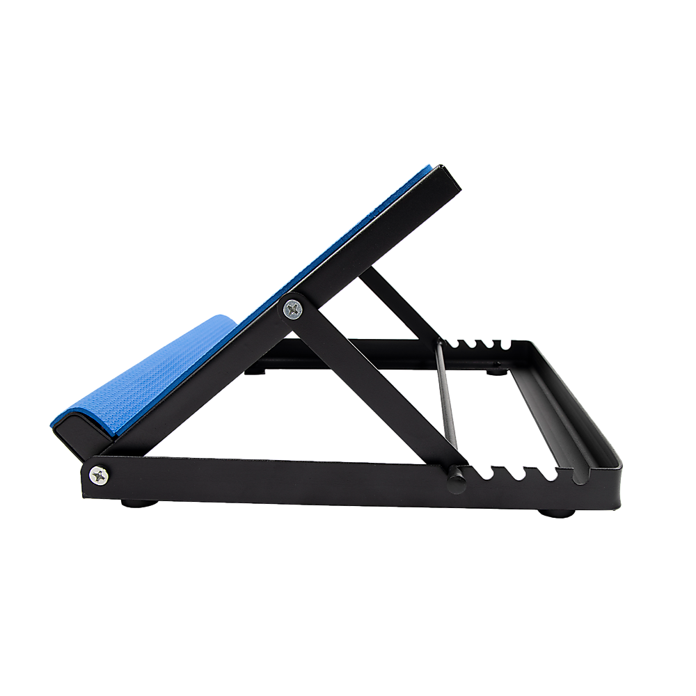 Blue adjustable calf stretching board side view showing black folding frame mechanism and angle adjustment notches