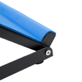 Close-up detail of blue calf stretching board showing textured padded edge and black metal frame hinge joint