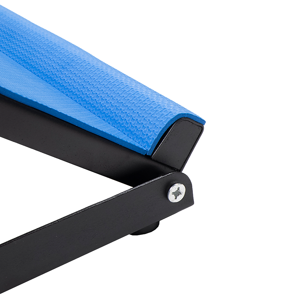 Close-up detail of blue calf stretching board showing textured padded edge and black metal frame hinge joint