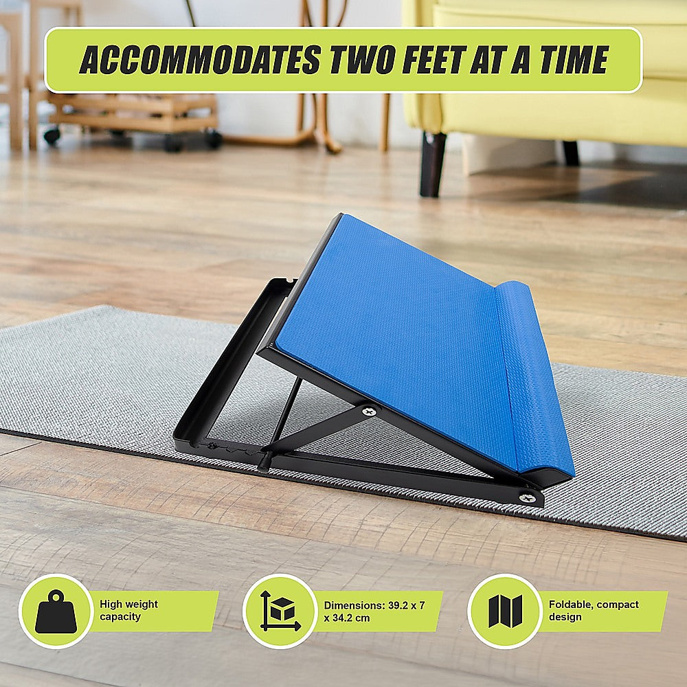 Blue calf stretcher on mat with text: Accommodates two feet at a time, dimensions 39.2x7x34.2cm, foldable design