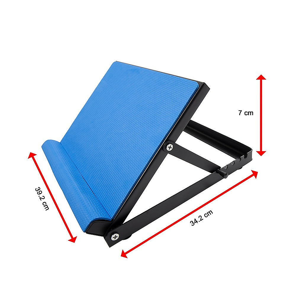 Blue adjustable calf stretching board dimensions diagram: 39.2cm length, 34.2cm width, 7cm height on white background