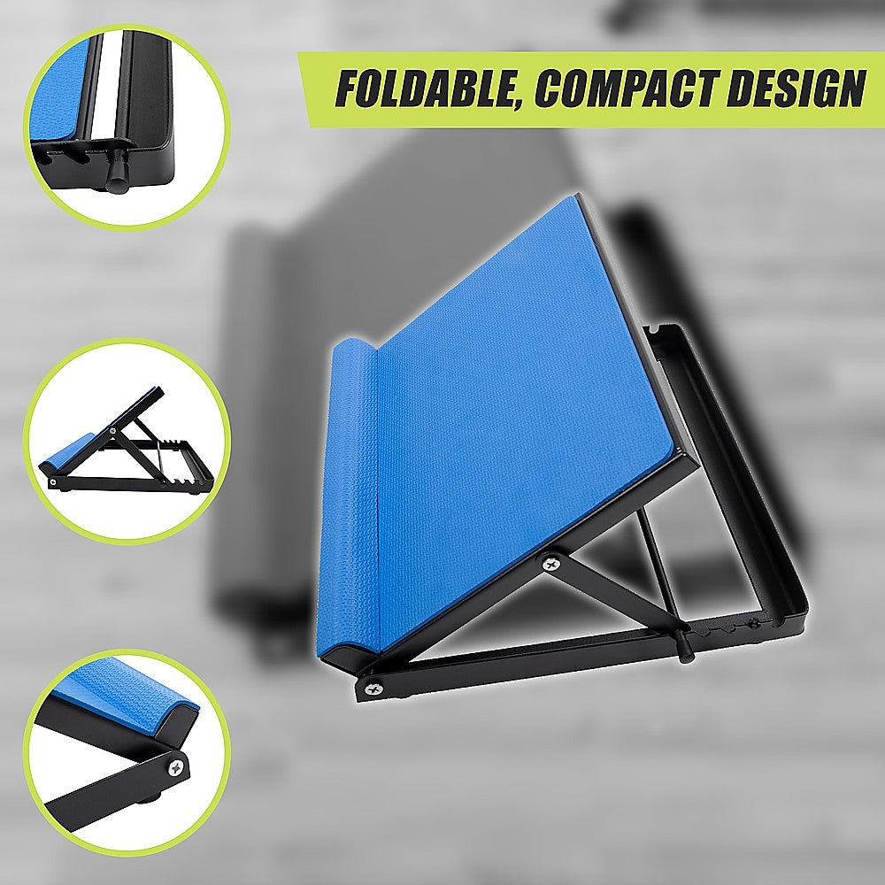 Blue calf stretcher foldable design feature with three inset shots, text reads Foldable Compact Design