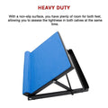 Blue calf stretcher angle view on white background with text Heavy Duty and non-slip surface description