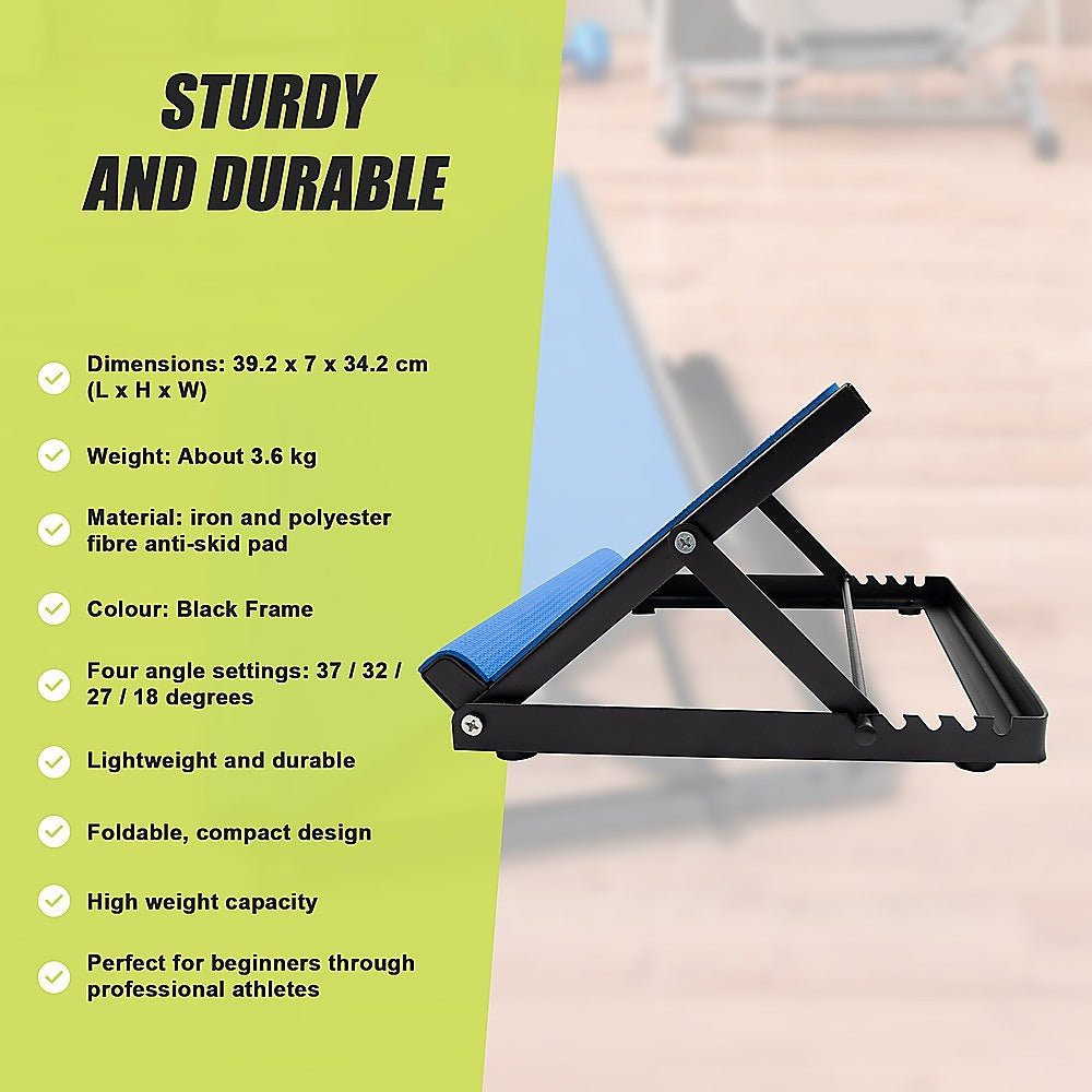 Blue calf stretcher specs: 39.2x7x34.2cm, 3.6kg, four angle settings 37 32 27 18 degrees, iron frame polyester pad