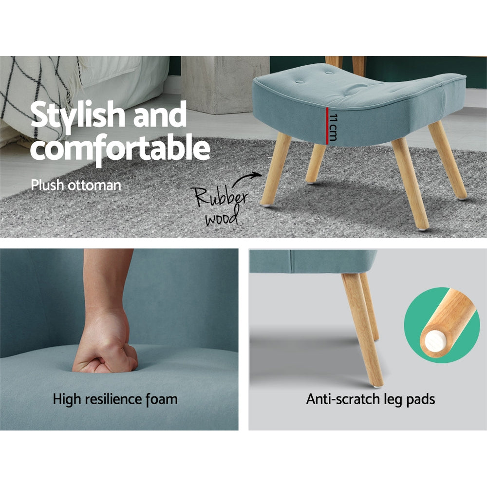 Blue fabric footstool: lifestyle shot with 11cm callout, foam density close-up, rubber wood leg with anti-scratch pad