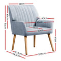 Light blue grey fabric armchair dimension diagram: 84cm tall, 54cm wide, 64.5cm deep, seat height 41cm, seat width 43cm