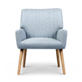 Light blue grey fabric armchair with channel-stitched backrest and natural wood legs, direct front view on white background
